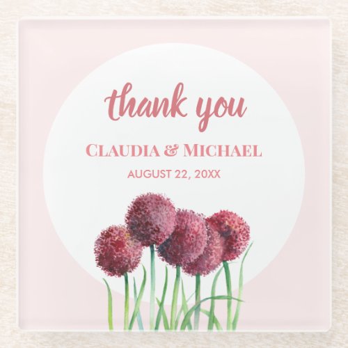 Wedding Purple Pink Alliums Flower Watercolor Glass Coaster