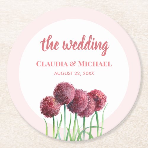 Wedding Purple Pink Alliums Flower Watercolor Round Paper Coaster