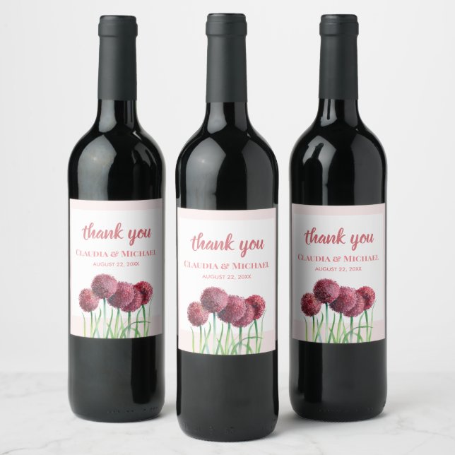 Wedding Purple Pink Alliums Flower Watercolor Wine Label (Bottles)