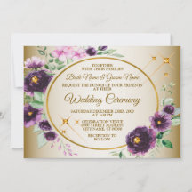 Wedding Purple Pink Floral Green Leaves Golden