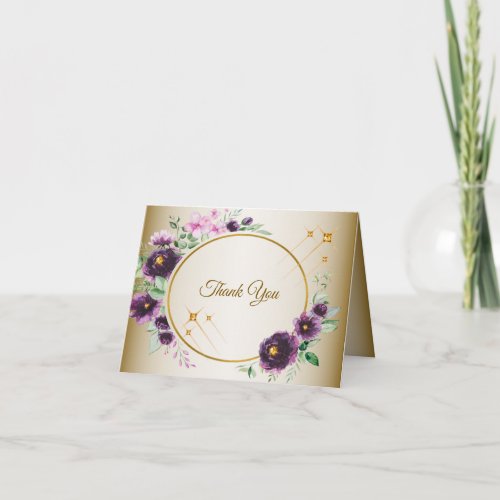 Wedding Purple Pink Floral Green Leaves Golden Letterpress Thank You Card
