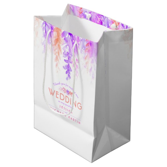 Wedding purple pink flowers thanks favor gift bag (Front Angled)