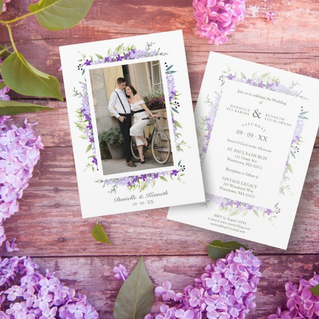 Wedding Purple Shades Flowers & Branches Photo Invitation (Creator Uploaded)
