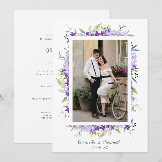 Wedding Purple Shades Flowers & Branches Photo Save The Date (Front/Back)