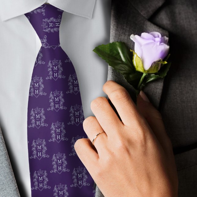 Wedding purple silver couple monogram crown neck tie (Creator Uploaded)