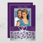Wedding | Purple, Silver | Floral, Hearts | Photo Invitation (Front/Back)