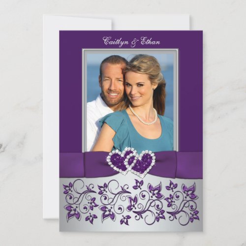 Purple, Silver Floral, Hearts Photo Wedding Invite