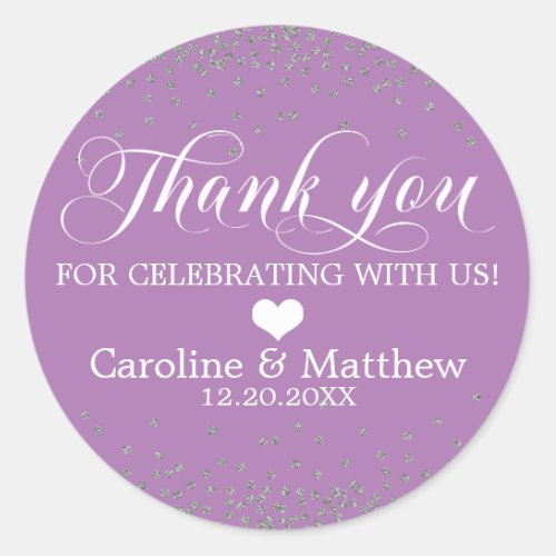 Wedding Purple Sprinkle Sparkle Silver THANK YOU Classic Round Sticker