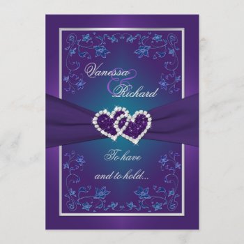 Wedding | Purple, Teal | Floral | Hearts FAUX Foil Invitation
