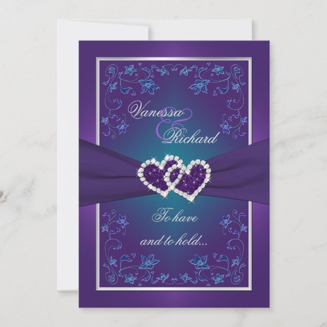 Wedding | Purple, Teal | Floral | Hearts FAUX Foil Invitation (Front)