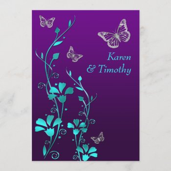 Wedding | Purple Teal Silver, Floral | Butterflies Invitation