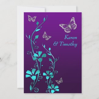 Wedding | Purple Teal Silver, Floral | Butterflies Invitation