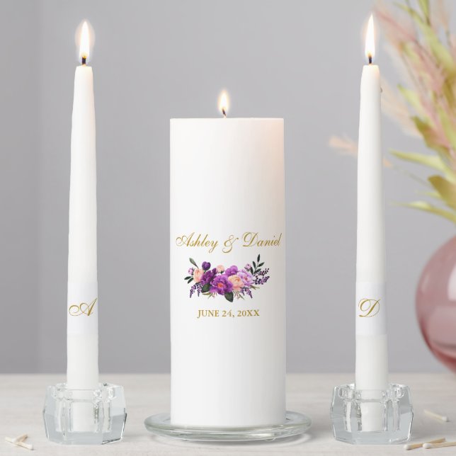 Wedding Purple Violet Floral Gold Bride Groom Unity Candle Set (In Situ)