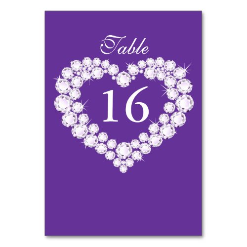 Wedding purple  white diamond heart table numbers