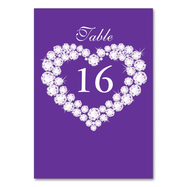 Wedding purple & white diamond heart table numbers (Front)