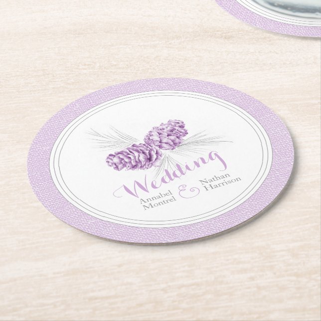 Wedding purple winter pine cone paper coasters (Angled)