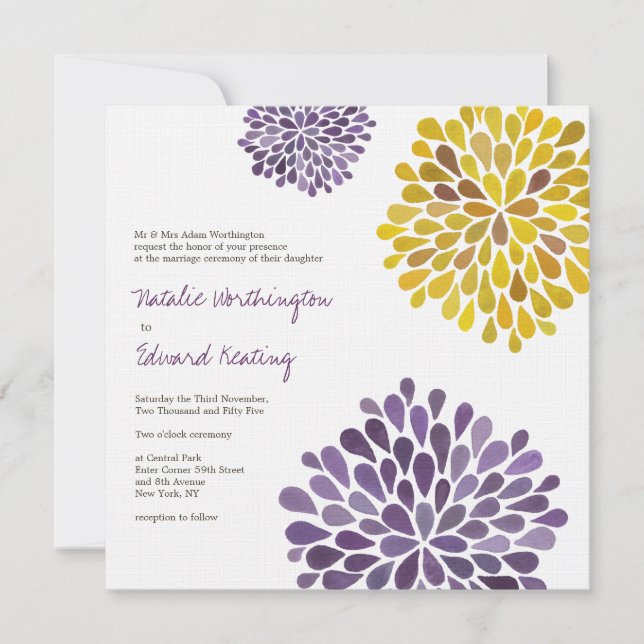 Wedding Purple Yellow Dahlia Flowers Invitation (Front)