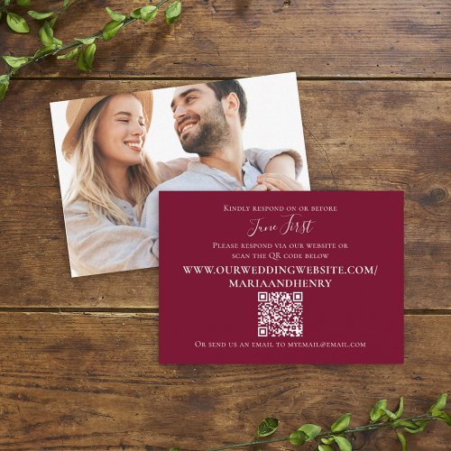 Wedding QR Code Burgundy Elegant Photo RSVP Enclosure Card