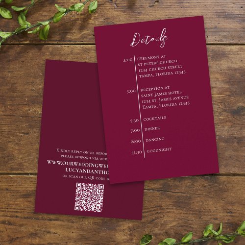 Wedding QR Code Burgundy Simple Timeline Enclosure Card