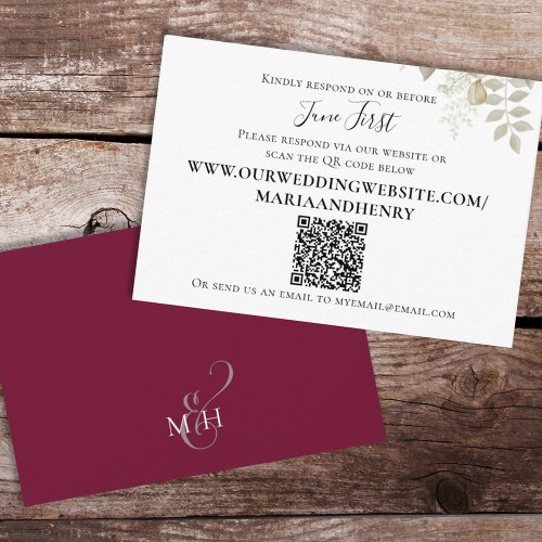 Wedding QR Code Elegant Burgundy Foliage Enclosure Card