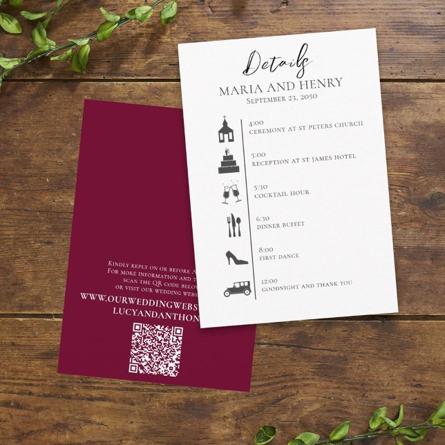 Wedding QR Code Elegant Burgundy Timeline Enclosure Card (Creator Uploaded)