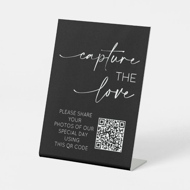 Wedding QR Code Photo App Upload Monochrome Pedestal Sign (Front)