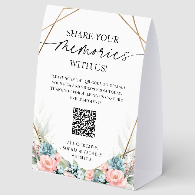 Wedding QR Code Share Your Memories Photo Upload Paper Table Tent (Front)