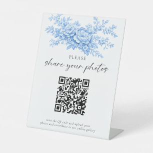 Wedding QR Code Sign Blue Floral Share Photos