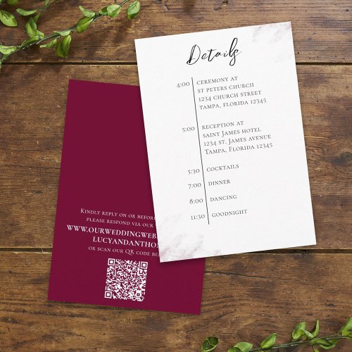 Wedding QR Code Simple Burgundy Timeline Enclosure Card