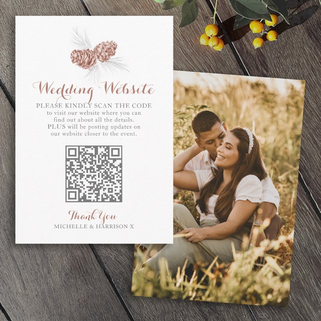 Wedding QR code website brown pine cone Enclosure Card (Creator Uploaded)