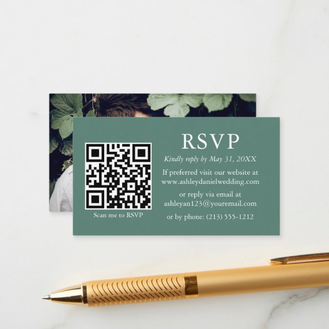 Wedding QR Photo Eucalyptus Green RSVP Enclosure Card (Front/Back In Situ)