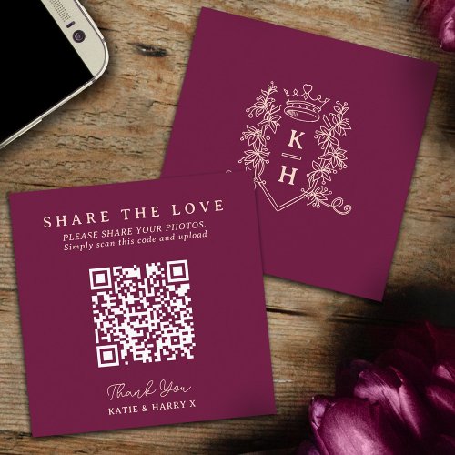 Wedding QR photo share love crown red monogram Enclosure Card
