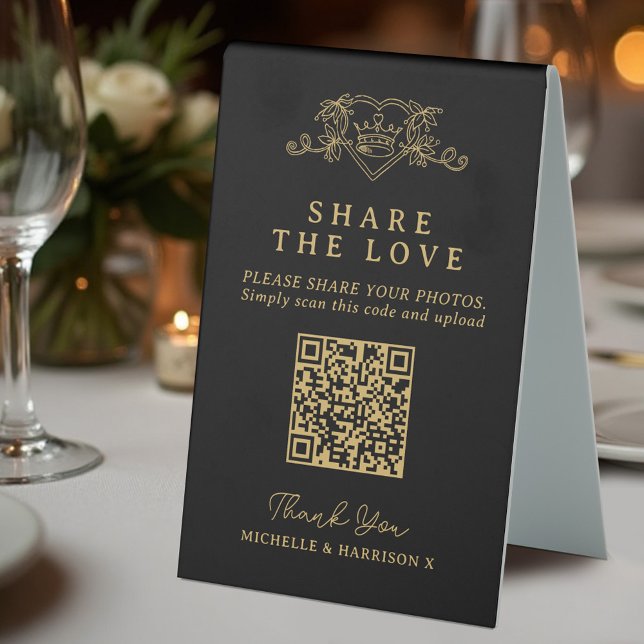 Wedding QR photo share love heart crown monogram Table Tent (Creator Uploaded)