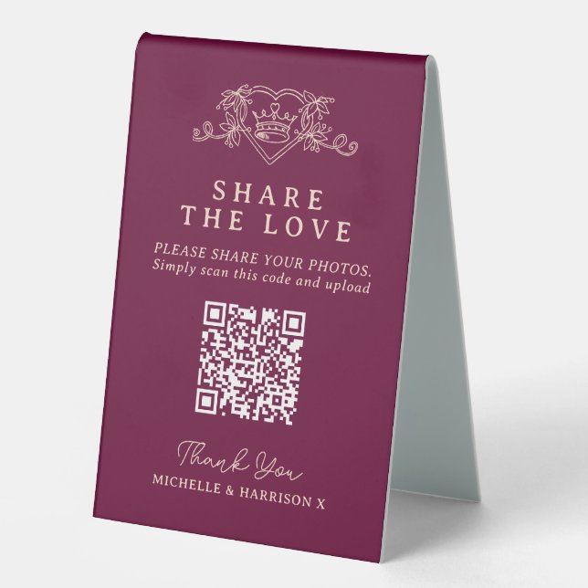 Wedding QR photo share love heart crown wine red Table Tent (Front)