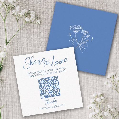 Wedding QR photo share wildflower monogram blue Enclosure Card
