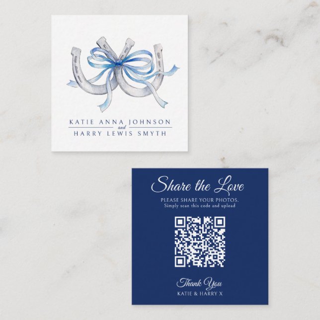 Wedding QR share love blue ribbon horseshoes art Enclosure Card (Front/Back)
