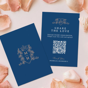 Wedding Qr Share Love Heart Crown Monogram Blue Enclosure Card by mylittleedenweddings at Zazzle