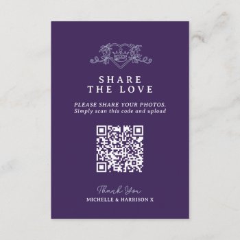 Wedding Qr Share Love Heart Crown Monogram Purple Enclosure Card by mylittleedenweddings at Zazzle