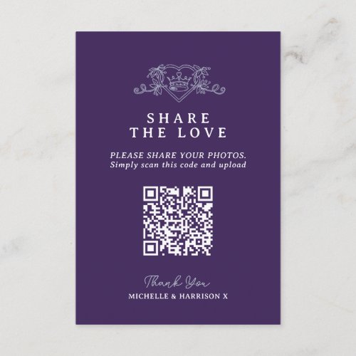 Wedding QR share love heart crown monogram purple Enclosure Card