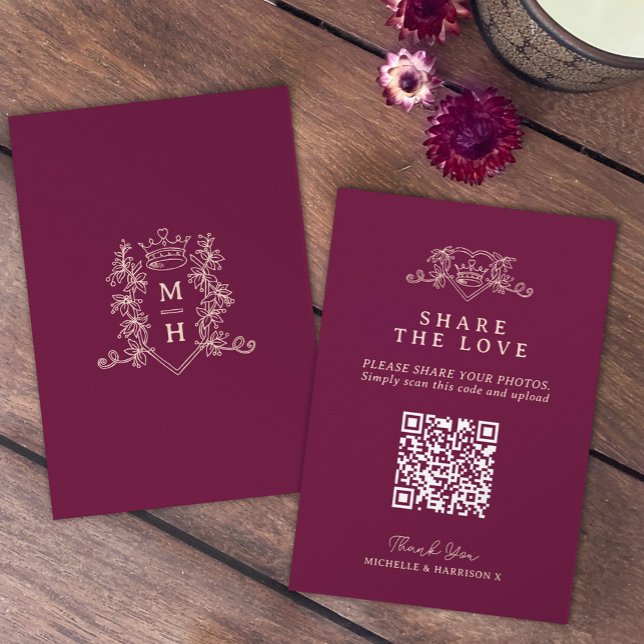 Wedding QR share love heart crown monogram red Enclosure Card (Creator Uploaded)