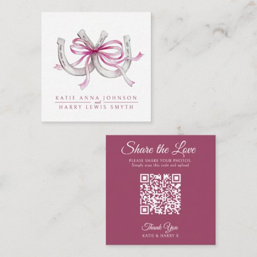 Wedding QR share love pink ribbon horseshoes art Enclosure Card
