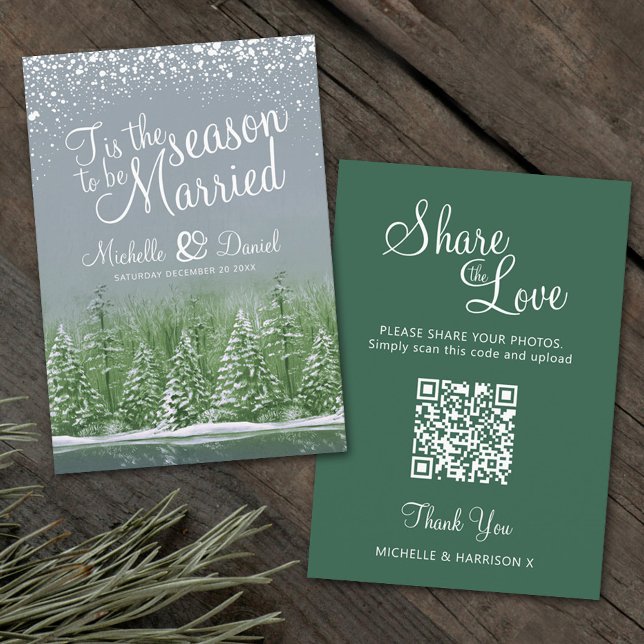 Wedding QR share love winter wedding gray green Enclosure Card (Creator Uploaded)