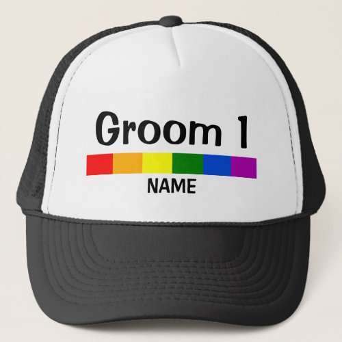 Wedding Rainbow Flag Banner Groom 1 Name Trucker Hat