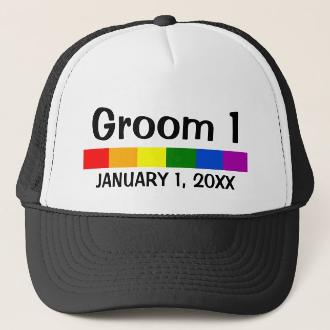 Wedding Rainbow Flag Banner Groom 1 Trucker Hat (Front)