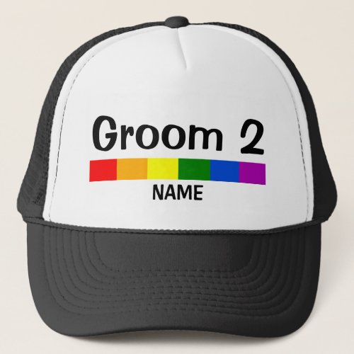 Wedding Rainbow Flag Banner Groom 2 Name Trucker Hat