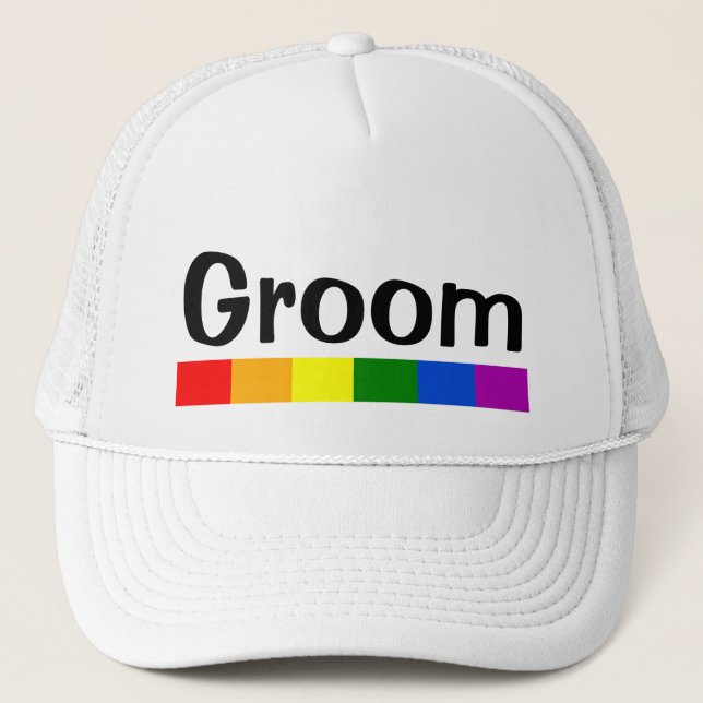 Wedding Rainbow Flag Banner Groom Trucker Hat (Front)