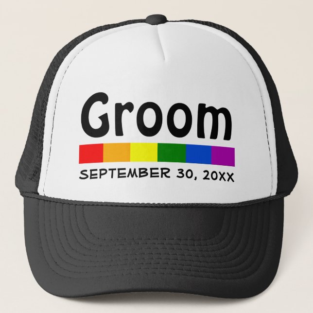 Wedding Rainbow Flag Banner Groom Trucker Hat (Front)