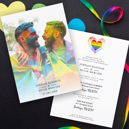 Wedding Rainbow Heart LGBT Engaged Couple Photo Invitation