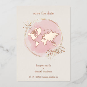 Wedding Real Rose Gold Effect World Map Foil Invitation