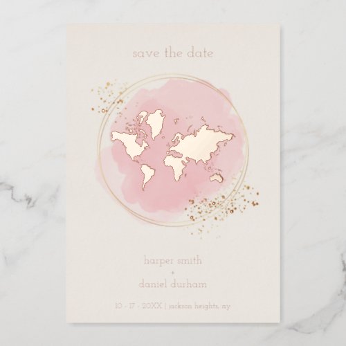 Wedding Real Rose Gold Effect World Map Foil Invitation